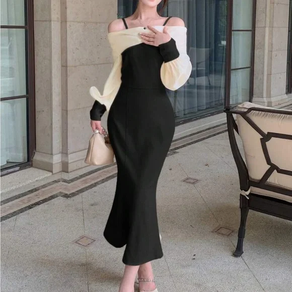Black & ivory midi mermaid fit puff sleeve off shoulder formal dress - Picture 5 of 6